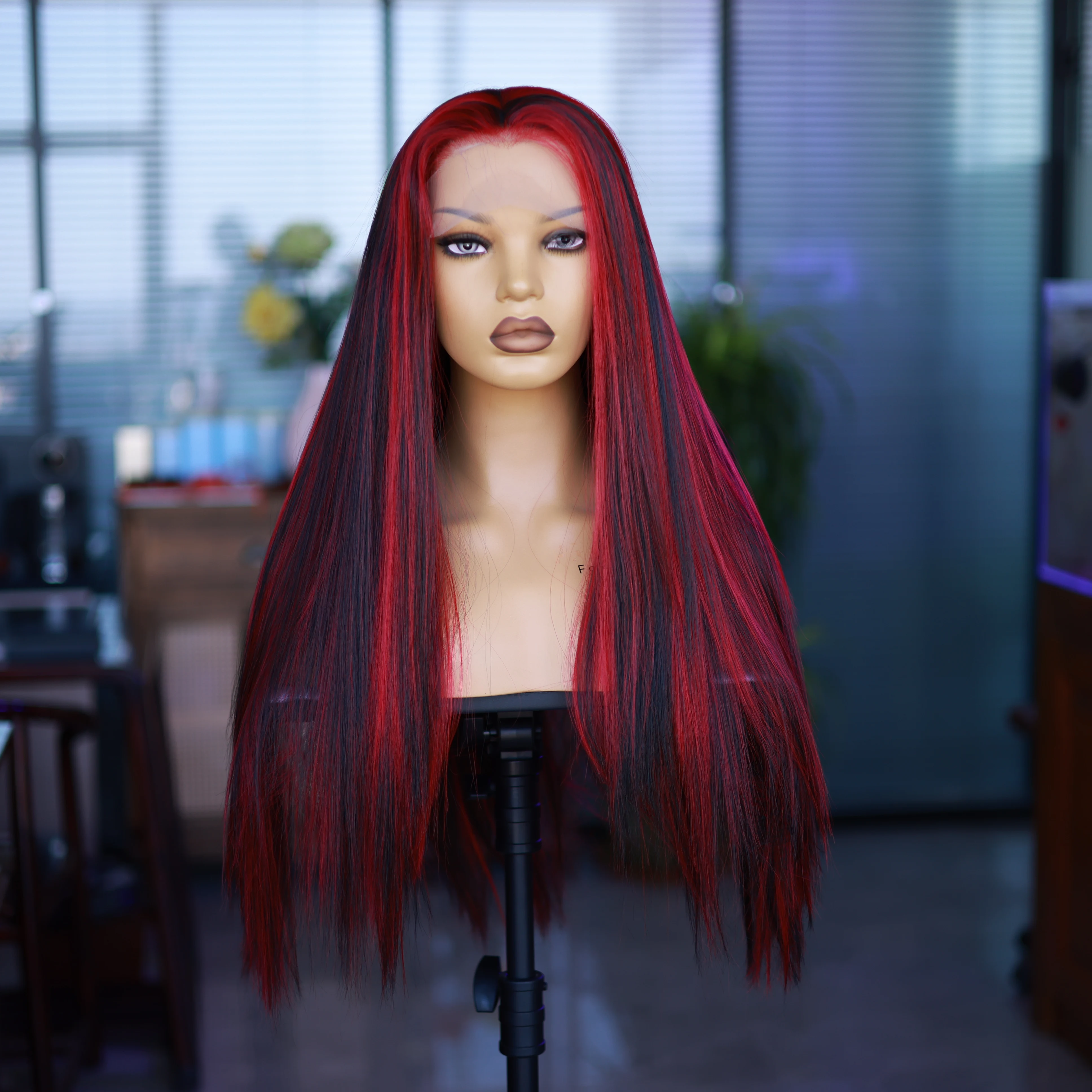 Black Red Stitching Synthetic HD 13*4 Front Lace Long Straight Wig Natural Hair Line Fashion Beautiful Gift Party Cosplay Wig