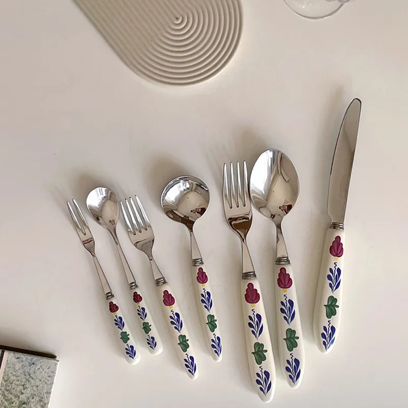 Nordic Flower Stainless Steel Fork Spoon Set  White Vintage Reusable Dinner Porcelain Cutelife Tableware Kitchen Dinnerware