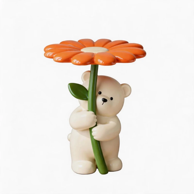 Daisy accent table, resin bear sculpture side table, orange flowers, modern interior design