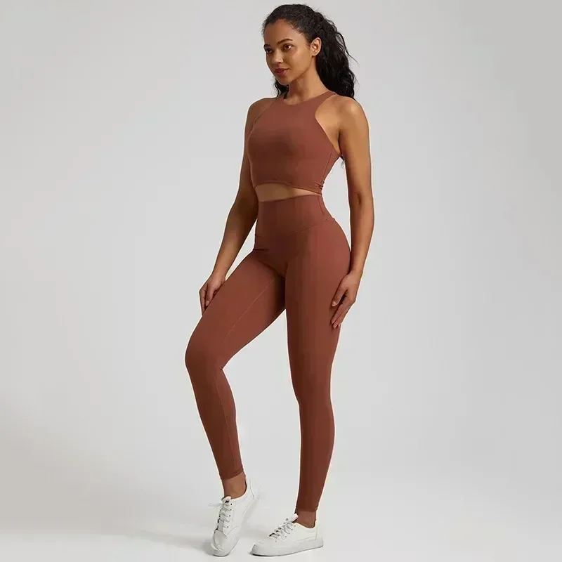 

Lemon Women Soft Gym Fitness Yoga Set Legging Tight Sport Tank Bra Top 2pc Suit Comprehensive Training Jogging Women Round Neck