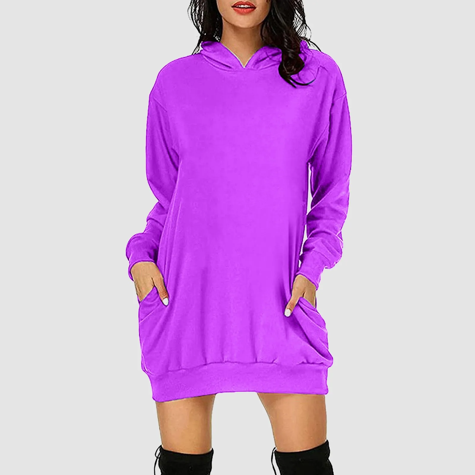 Solid Sleeve Long Comfort Casual Shirt Color Fashion Pullover Dress Long Hoodie Tee largos Pocket Vestidos Women's vestidos