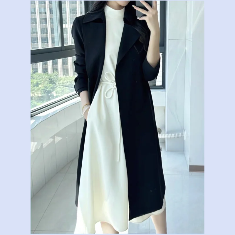 26 year new elegant acetate flip collar, waist cinching, slimming and sagging mid length windbreaker jacket