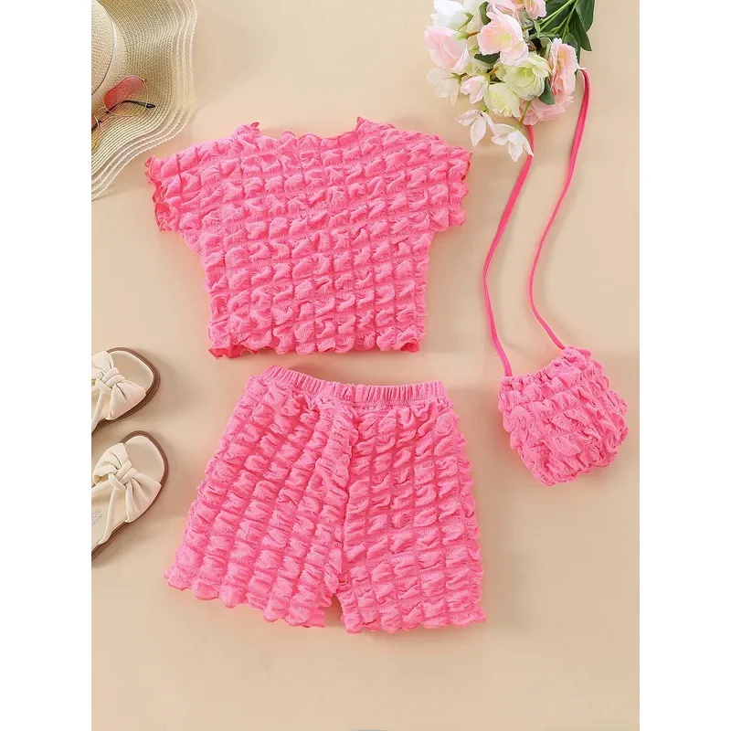 Summer new style girls comfortable trendy casual bubble cloth pure color 3pcs short sleeve shorts bag set