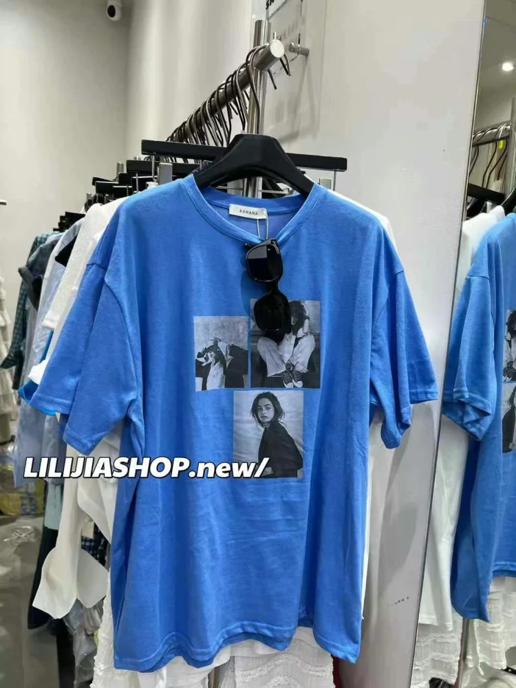 Dongda Gate 2025 Summer New American Loose Versatile round Ne Letter Character Print ort Sve T irt Women Casual Sle