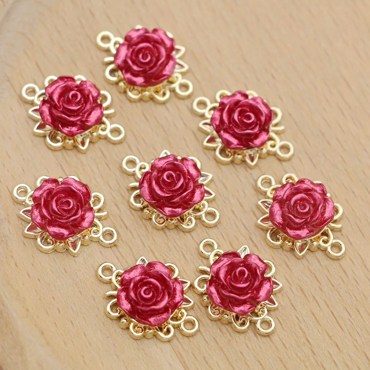 8Pcs Gold Color Red Resin Rose Flower Charm Pendant Connector for Jewelry Making Bracelet DIY Findings Accessories Craft