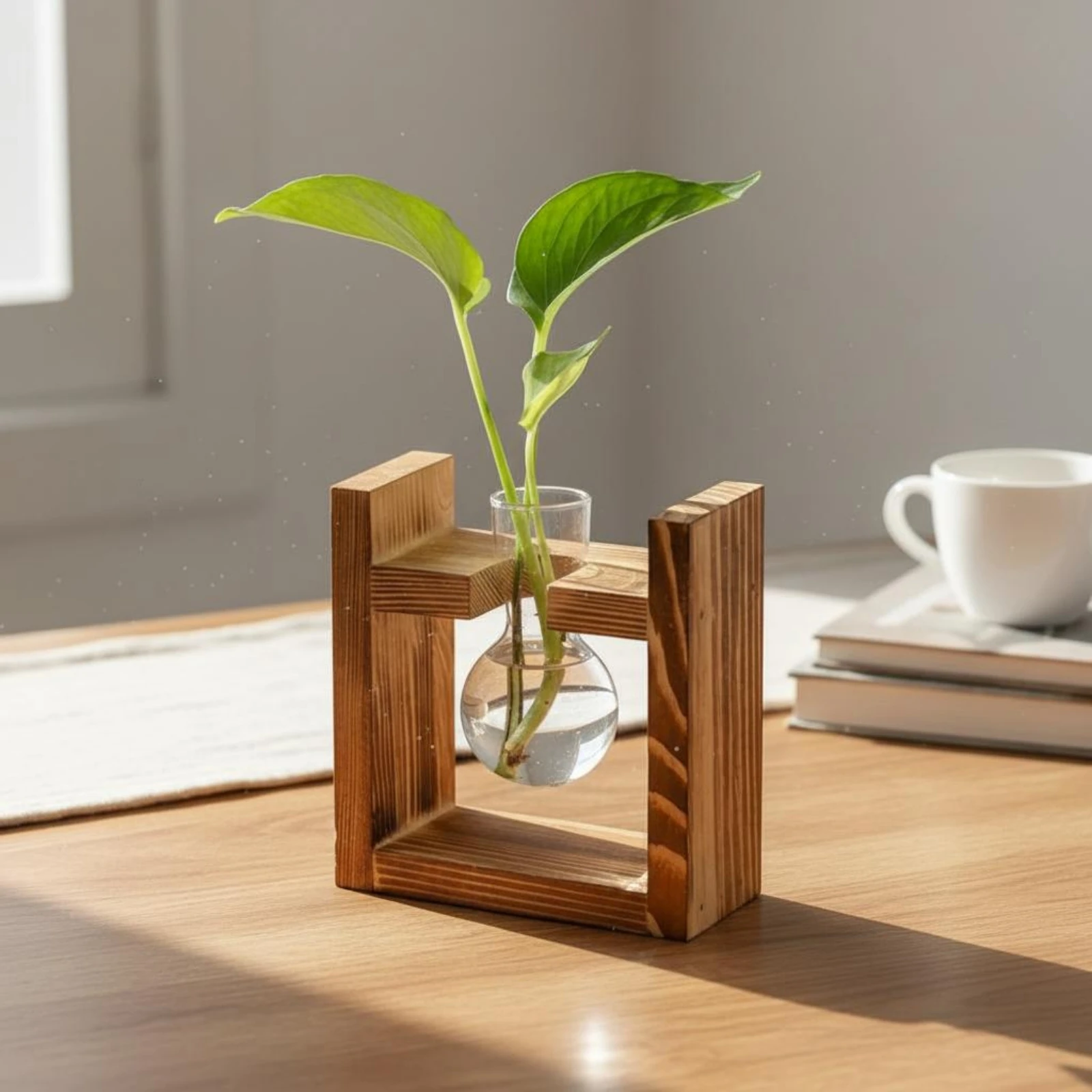 Desktop Glass Planter Wooden Stand Retro Design Wooden Stand Propagation Vase Glass Bulb Planter Creative Gift House Decoration