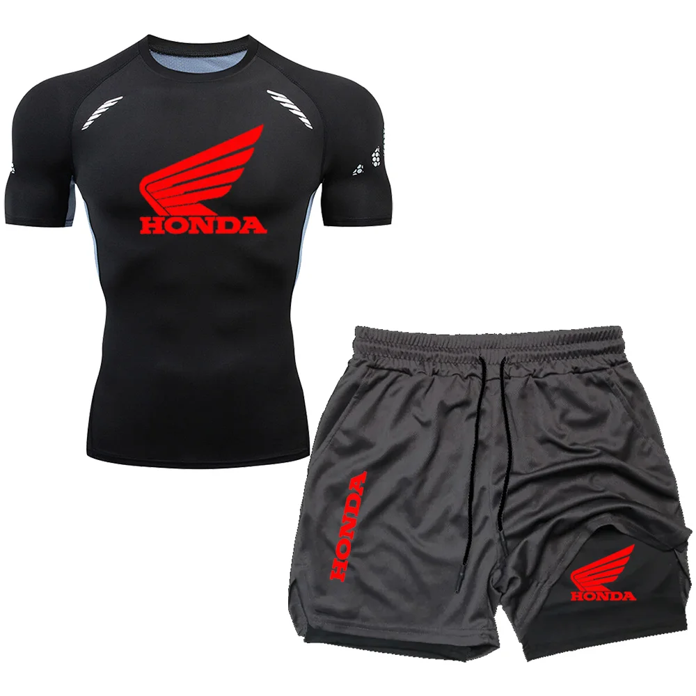 

Honda Logo Men's Running T-shirt Fitness Exercise Two-piece Set Training Sports Clothing Summer Men's Sports Suit Exercise
