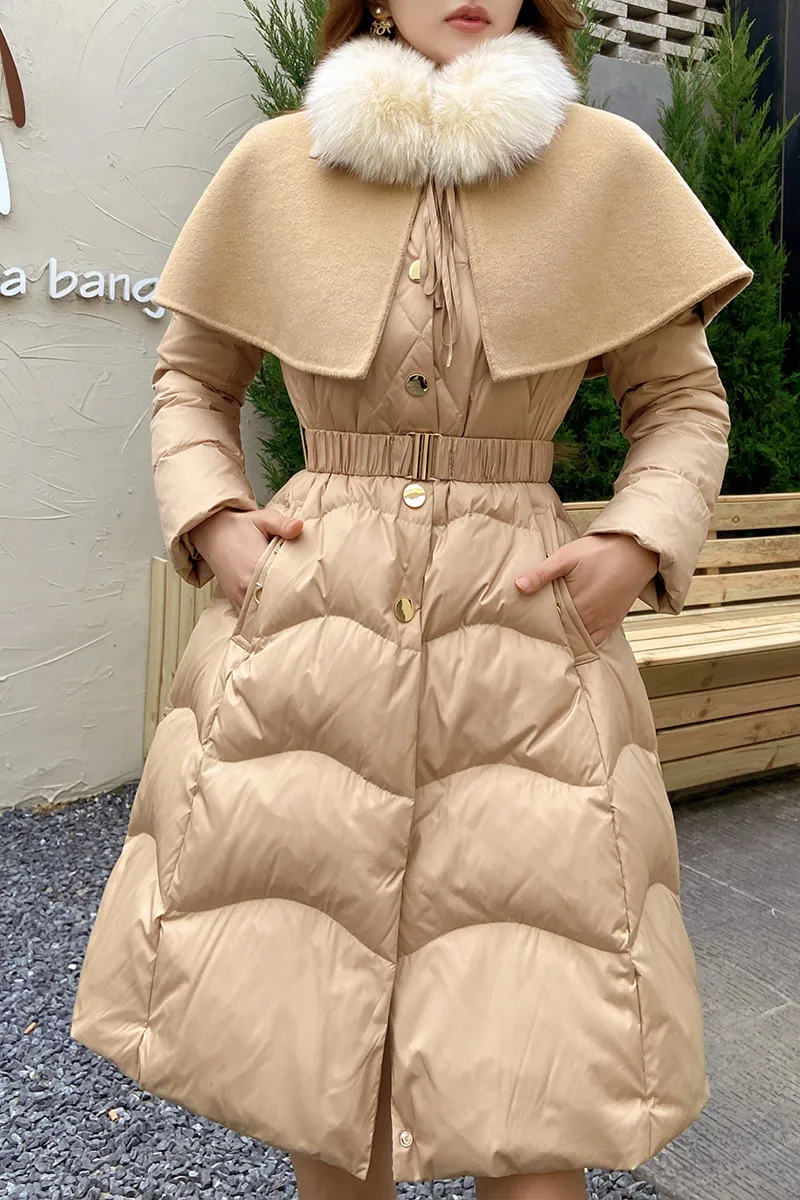 

Dabuwawa Fur Collar Cape Women Winter Down Jacket Adjustable Waist Puffer Down Coat Windproof Y2K Clothes DM1DDW003