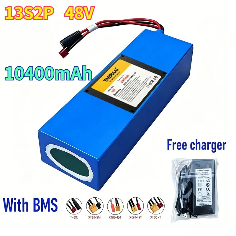 48V 10400mAh 13S2P 18650Lithium Battery Pack with BMS for Electric Scooter Folding Electric Bike Replacement Battery XT60 T Plug
