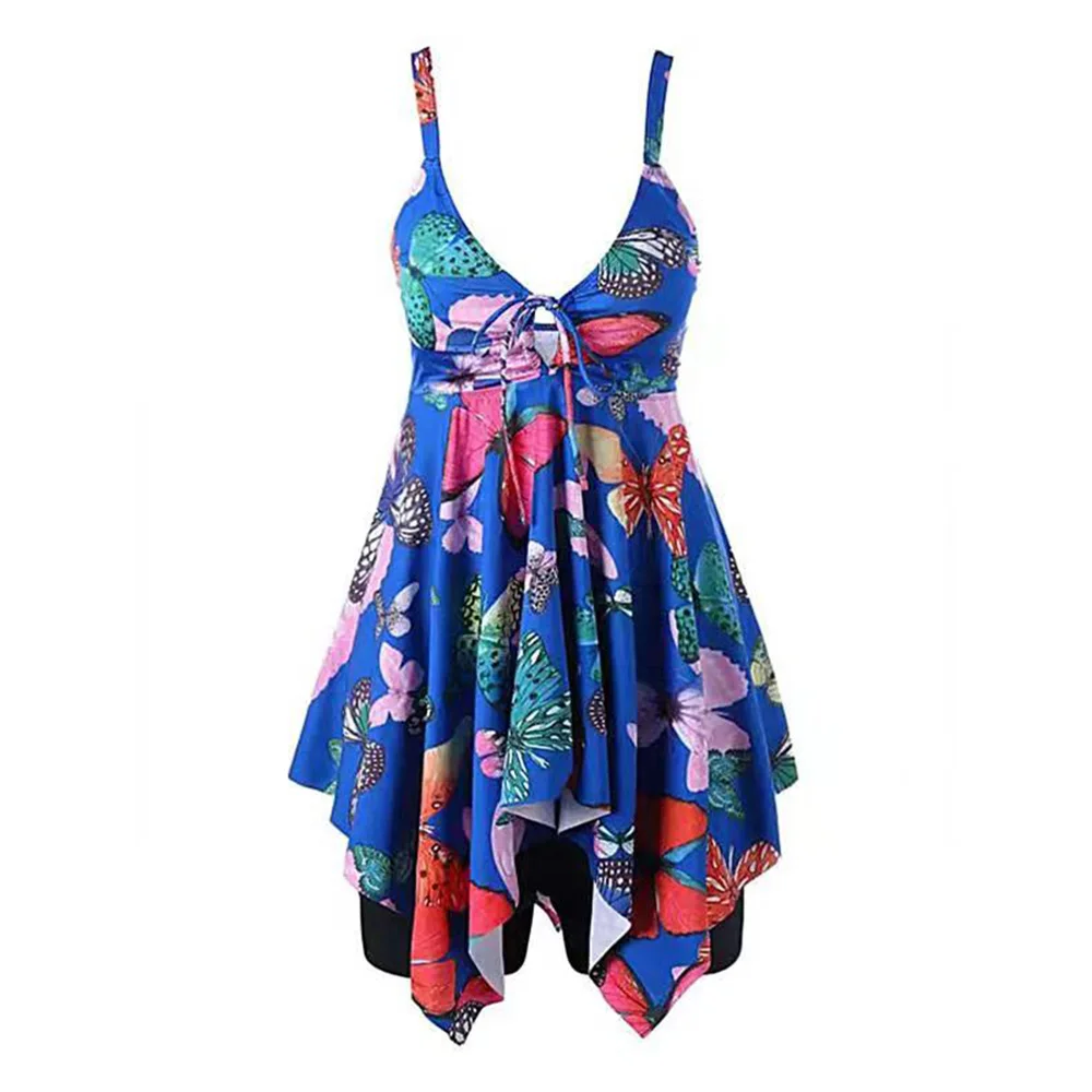 Letnie nowe nadruk z motylem stroje plażowe damskie Plus Size stroje kąpielowe sukienka z nieregularnymi brzegami + spodenki dwuczęściowe Bikini