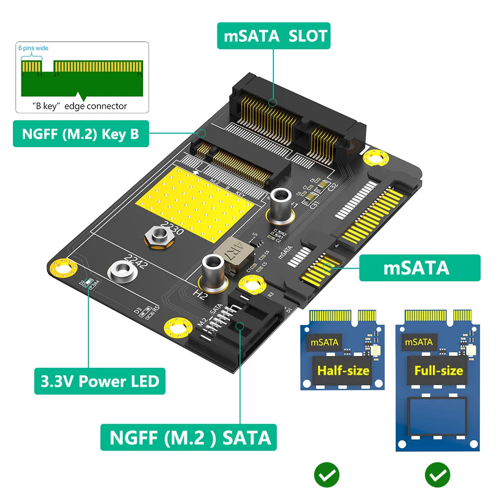 Dual Port SATA3 Adapter Card 2 in 1 M.2 NGFF B Key + mSATA SSD to SATA III 6Gbps Converter Support 2230 2242 2260 2280 SSD