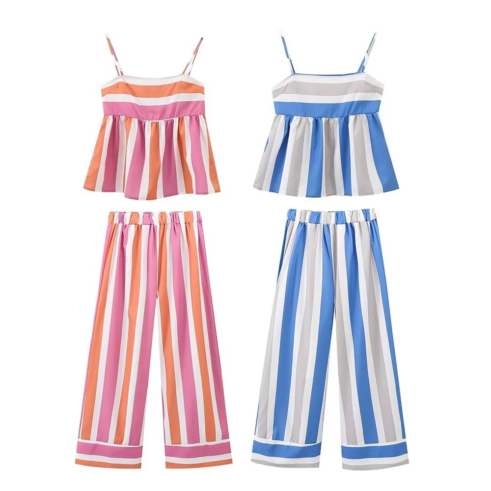 

Casual Sling Top and Straight Pants 2 Piece Set for Women Summer Striped Sleeveless Backless Lace Up Top Long Trousers Outfits