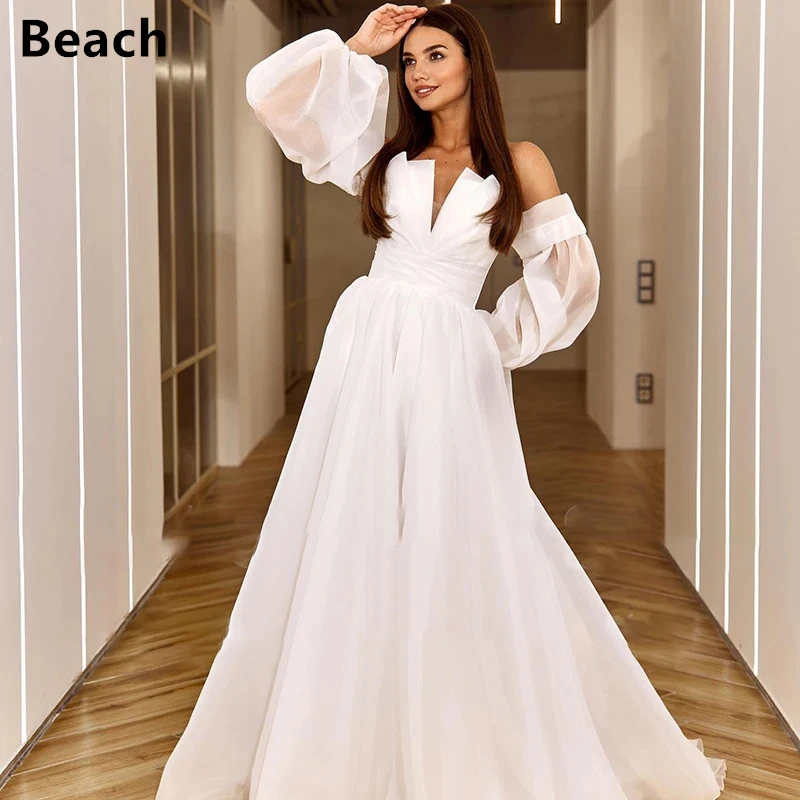 Vestidos de novia elegantes de línea a para playa, vestidos de novia blancos con manga abullonada, corsé en la espalda, vestidos de novia bohemios de noche para playa 2023