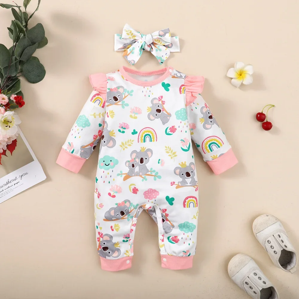 Newborn Baby Girl Bodysuit Cute Koala Long Sleeve Romper+Headband 2PCS Outfits Clothes for Infant 0-12 Months all Seasons Wear