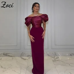 Zoci Modern Short Puff Sleeve Prom Dresses Saudi Arabic Mermaid Satin Formal Prom Party Gown Customized Pleats Evening Dresses