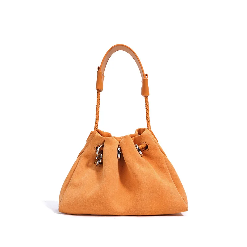 Designer-Umhängetasche aus Rindsleder und Wildleder, Glückshandtasche aus echtem Leder mit Kordelzug, lässige Cloud-Plissee-Umhängetasche für Damen – Detail 17