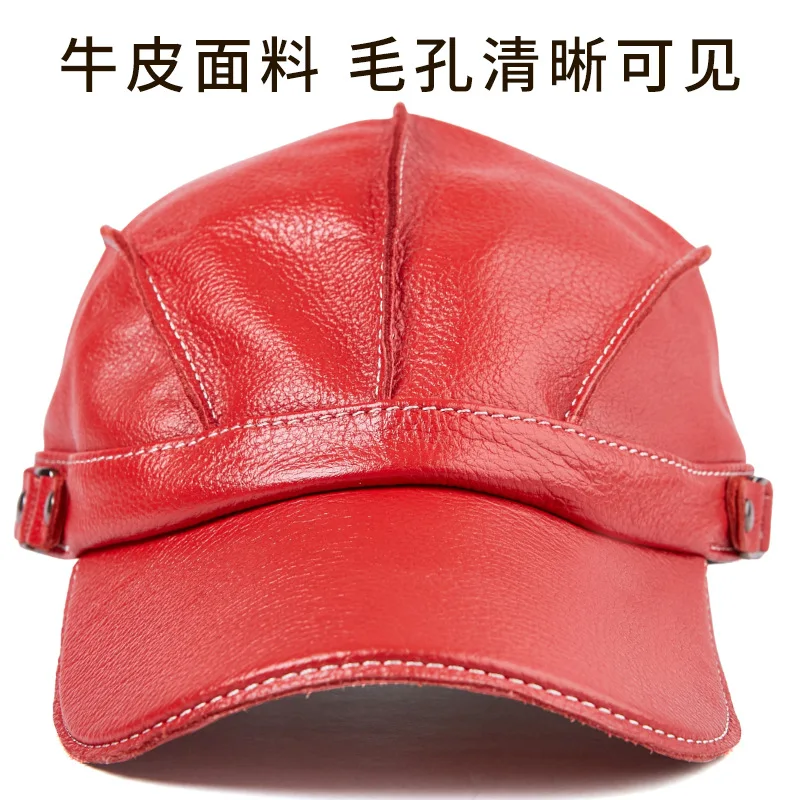 2026 Men's Genuine Leather Baseball Cap with Ear Flaps - Bright Red Top Grain Leather Peaked Hat for Winter Casual - view 3