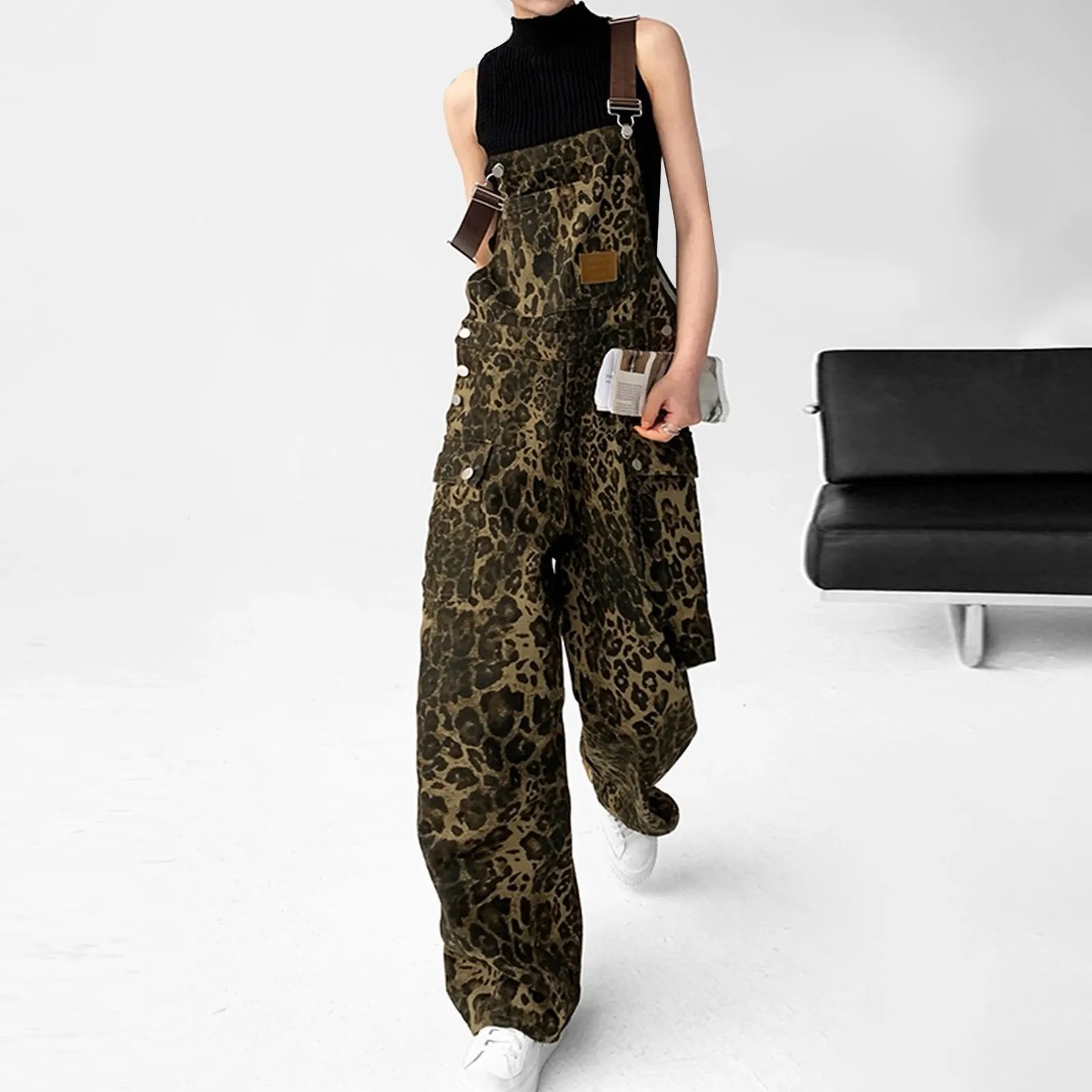 Women's Leopard Print Straps Jeans Straight Vintage Baggy Casual Fashion Wide Leg Pants Denim Trouser Ladies