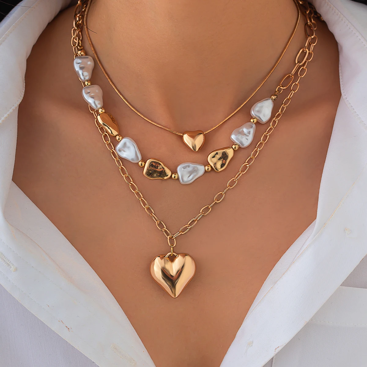 

PuRui Simple Smooth CCB Love Heart Pendant Women Necklace Irregular Water Drop Imitation Pearl Beads Chain Choker Jewelry