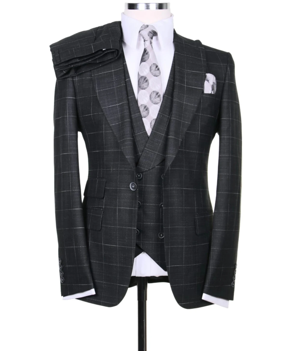 Plaid Men Wedding Suits Peaked Lapel Jacket Slim Fit Groom Wear 3 Pcs (Blazer+Pants+Vest)Business Office Custom Made