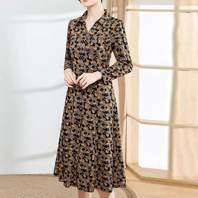 วินเทจดอกไม้พิมพ์ลายชุดมิดิเสื้อผ้าหญิงปิดกระดุมฤดูใบไม้ผลิฤดูใบไม้ร่วงเอ-ไลน์เอวแขนยาว XQ157