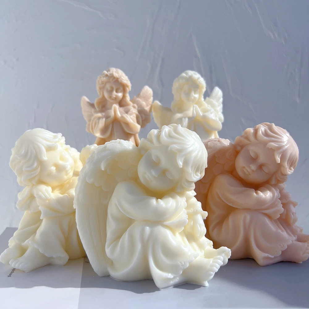 Home Decor Cherub Silicone Mold Boy Art Sculpture Soy Wax Candle Mould Praying Girl Angel Statue Mold Gardening Crafts