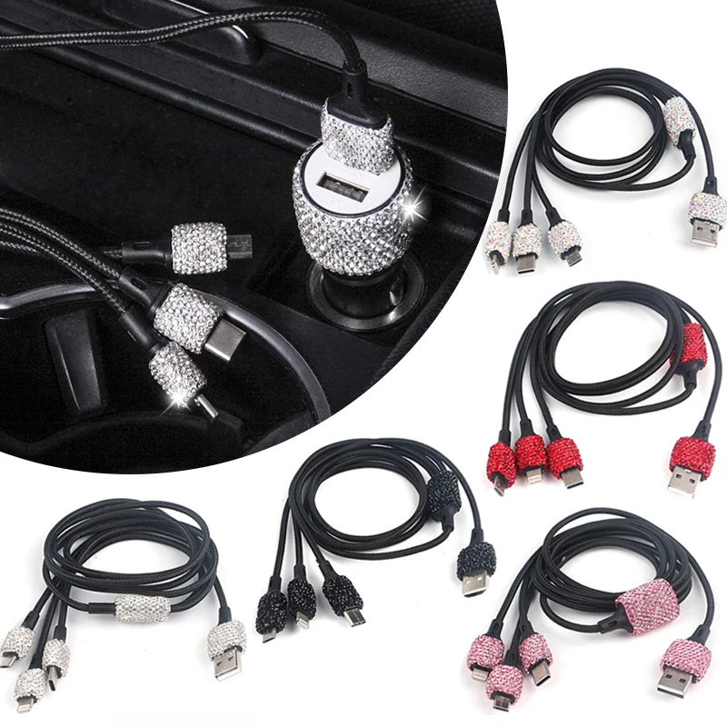 New Bling USB Car Charging Cable 3 in 1 Car Decor Charging Cable Car Pink Styling Diamond Auto Interior Accessories for Woman