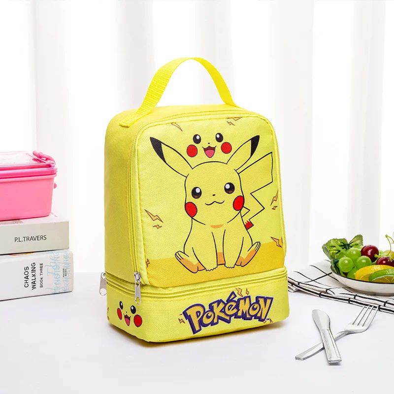 Pokemon Pikachu Portable Lunchbox Bag Kids Bento Bag Large Capacity Double Layer Cartoon Student Kawaii Fruit Snack Picnic Bag