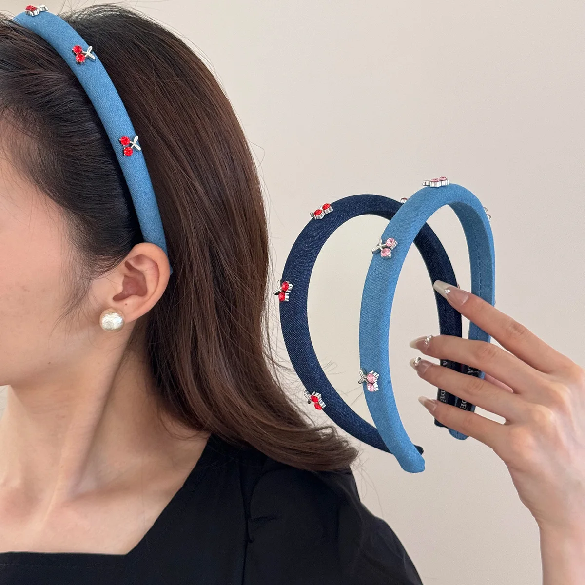 

Luxury Denim Blue Headband With Crystal Cherry Vintage Glamorous Hairband Thin Bezel Sparkly For Women High-End Hair Accessory