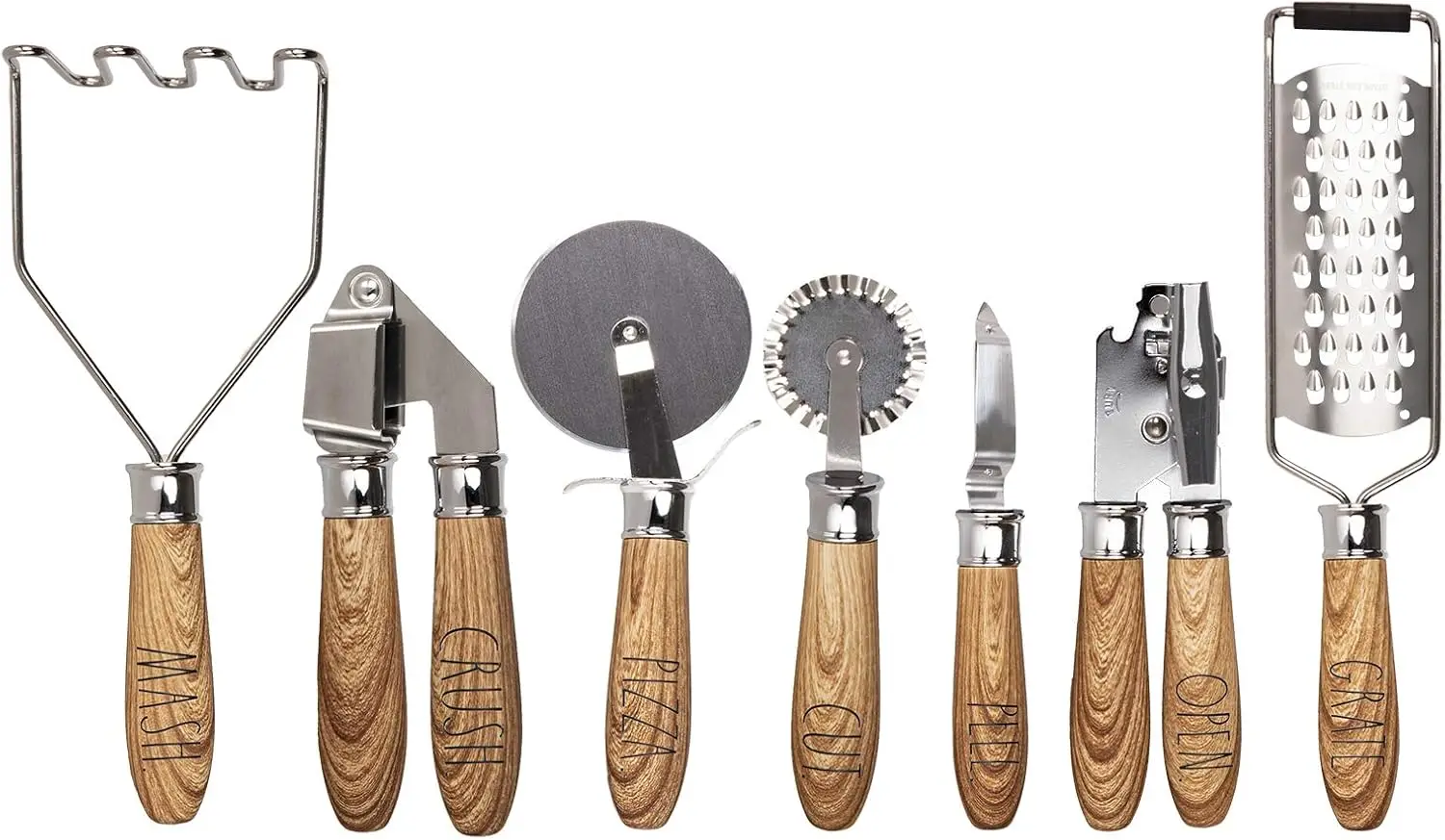 

Набор кухонных гаджетов из нержавеющей стали с деревянной ручкой из 7 предметов и этикетками для предметов первой необходимости для приготовления пищи