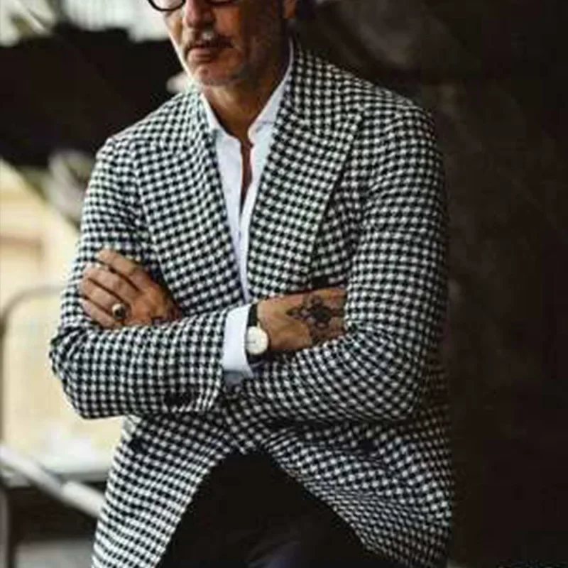 Veste à carreaux à double boutonnage pour hommes, blazers minces à revers, vêtements de gentleman d'