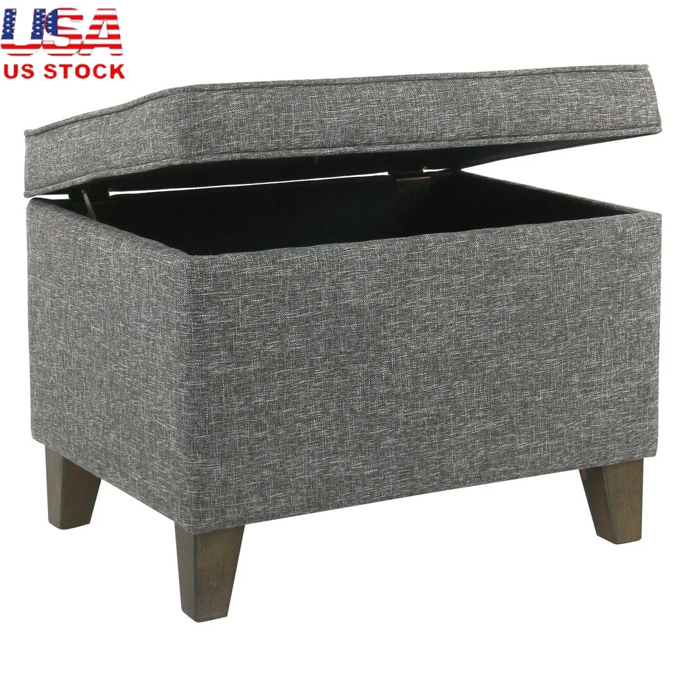 

Medium Storage Ottoman with Hinged Lid Textured Fabric Indoor Furniture Gray Wash Wood Legs Easy Assembly Modern Design
