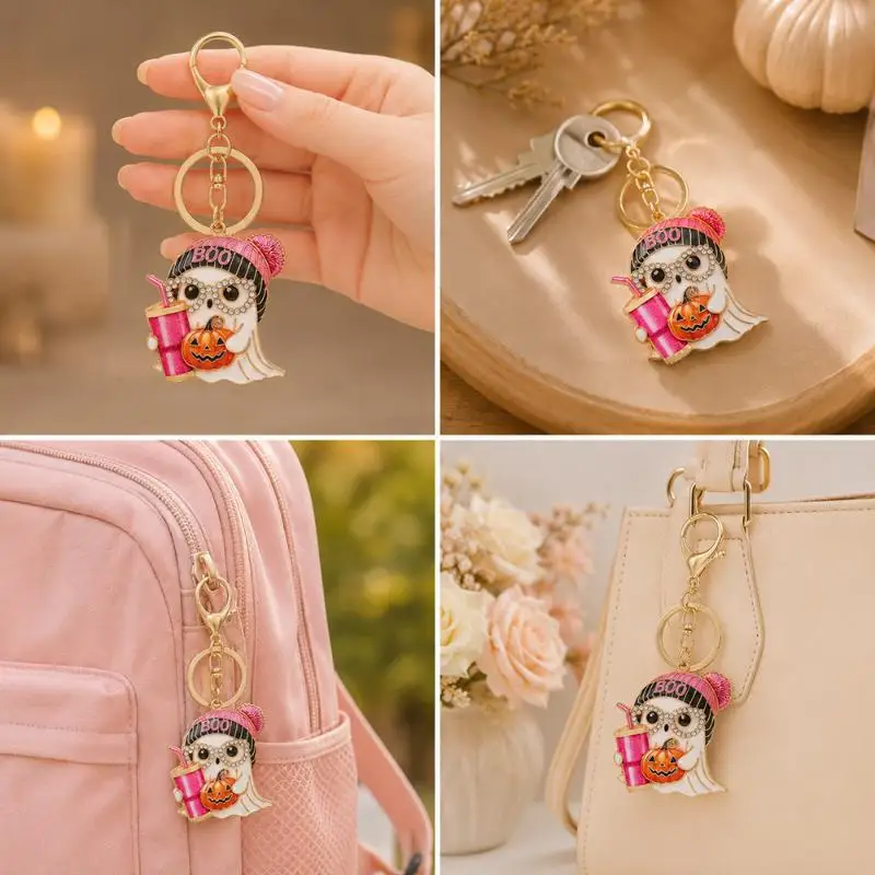 Gruseliger Halloween-Schlüsselanhänger, glitzernder Kristall-Geisteranhänger, rosa Strickmütze, Kürbis-Design, Rucksack-Charms, Partygeschenk – Detail 3