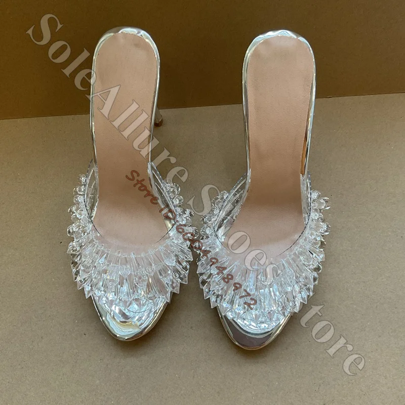 Transparent PVC Mule Sandals Open Toe Spike Crystal Droplets Decor Silver Metallic Stiletto Heel Slip On Sandals