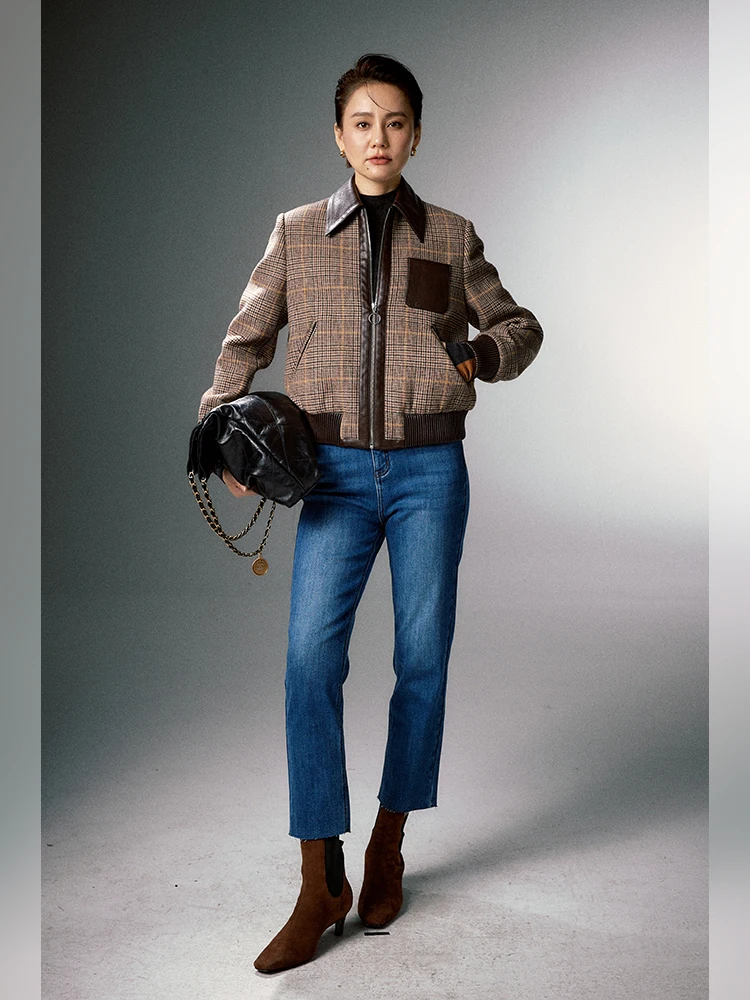 

WinnieTang Prince of Ws Pattern Heavyweight Merino Wool Vintage Briti Plaid ort Box Jaet Women's Faion Winter Coat