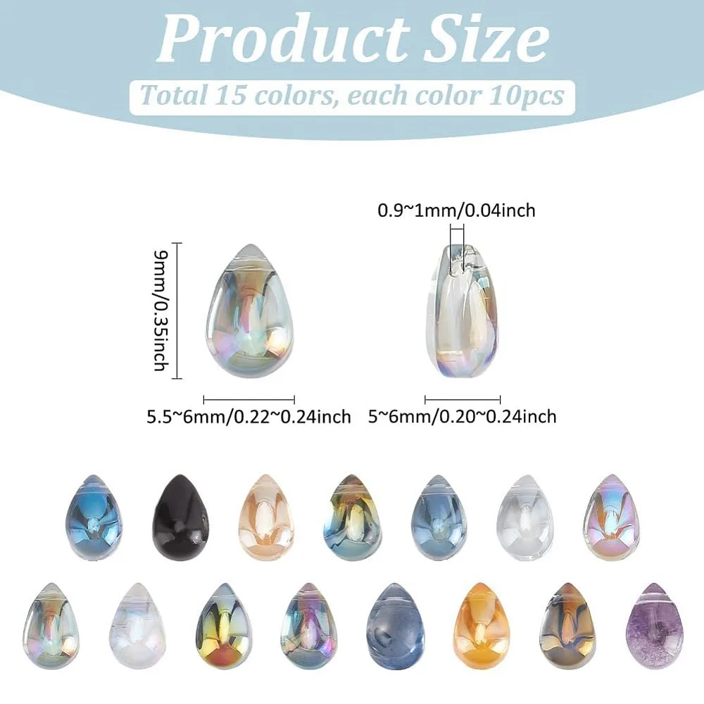 

150Pcs 15 Styles Electroplate Transparent Glass Charms Teardrop Mixed Styles Top Drilled Mixed Color 9x5.5~6x5~6mm Hole: 0.9~1mm