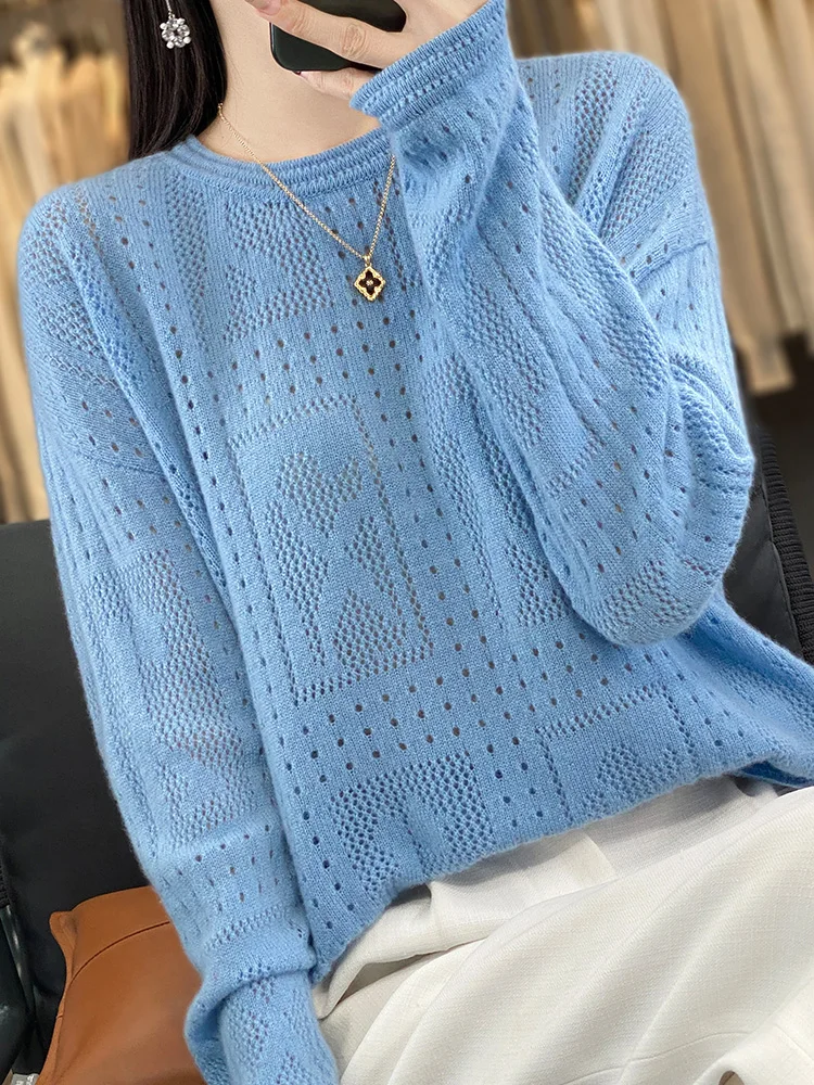 2024 Fashion musim semi musim gugur wanita Sweater kasmir 100% Merino wol rajut Pullover berlubang O-Neck Ladylike atasan lengan panjang