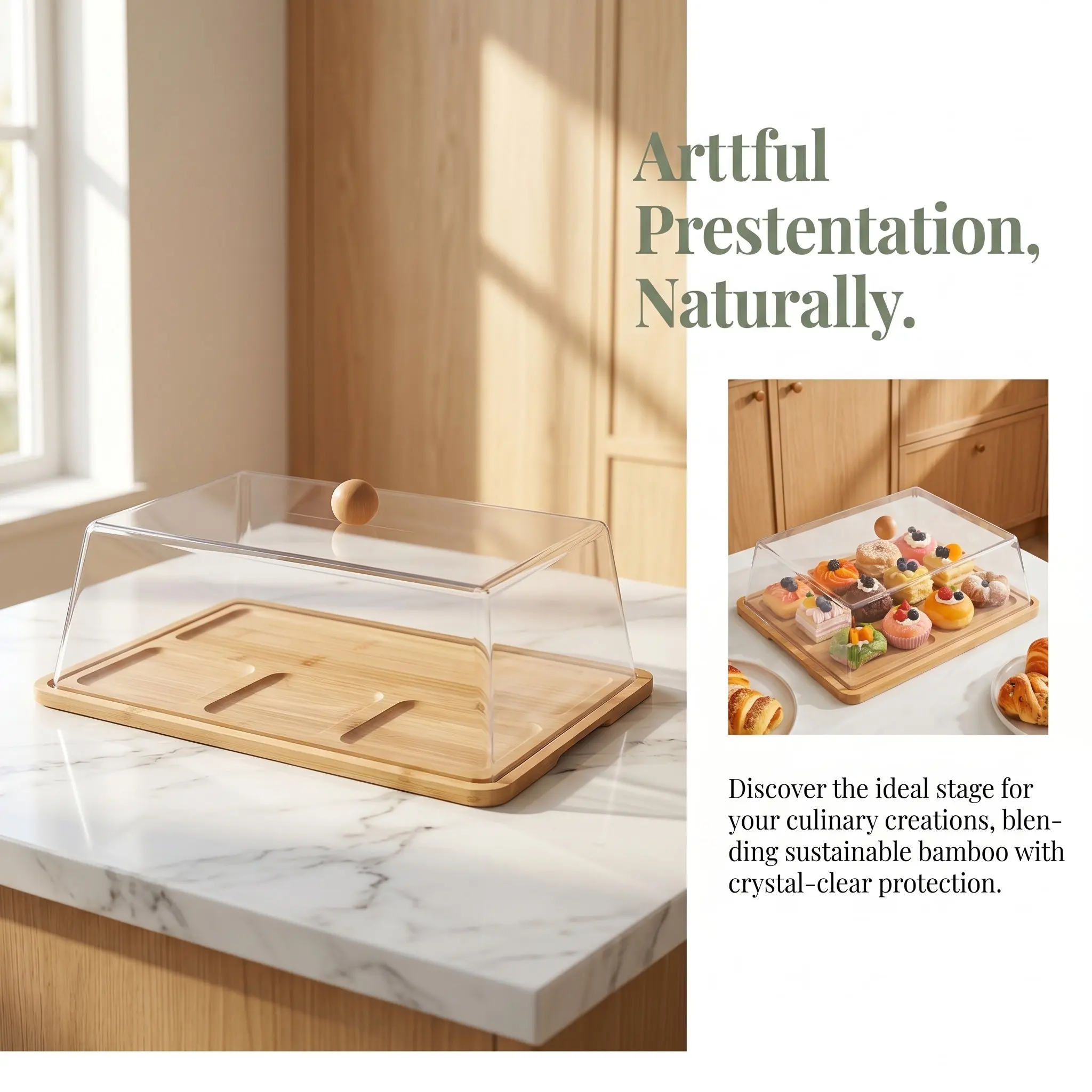 Bamboo Charcuterie Board with Lid 14 Inch Rectangular Cake Holder Transparent Acrylic Dome Food Display Tray for Wedding Dessert view 4