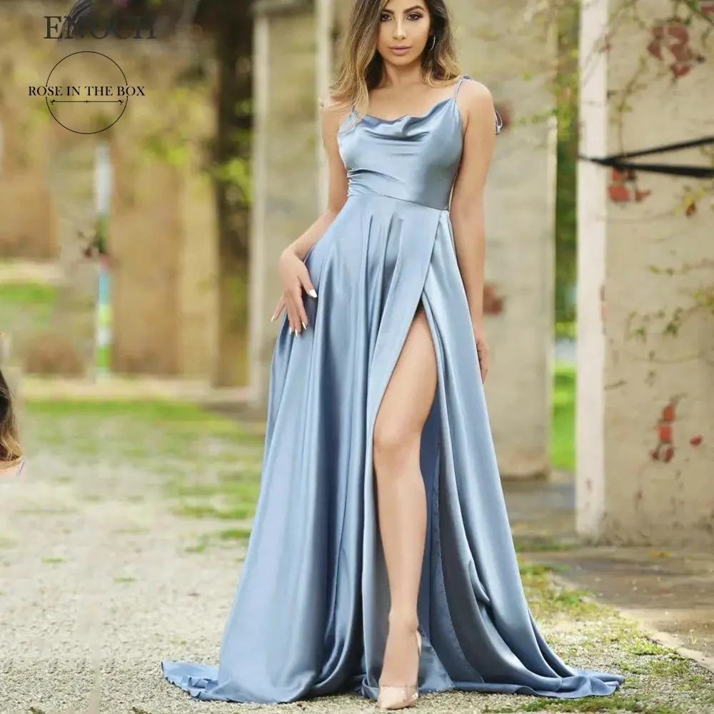 Elegant Dusty Blue Long Prom Dresses For Women 2024 Sexy Side Slit Satin Evening Party Cocktail Gowns Maxi Vestidos De Gala