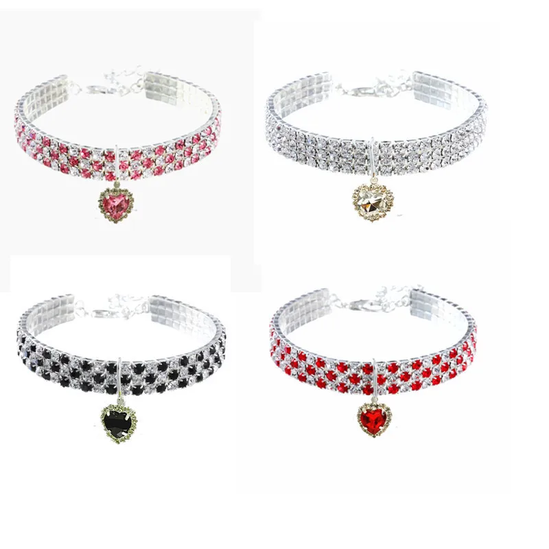 Dog Shiny Rhinestone Collar Cat Heart Diamond Jewelry Necklace Pet Bling Princess Collar Puppy Supplies Chihuahua Accessories