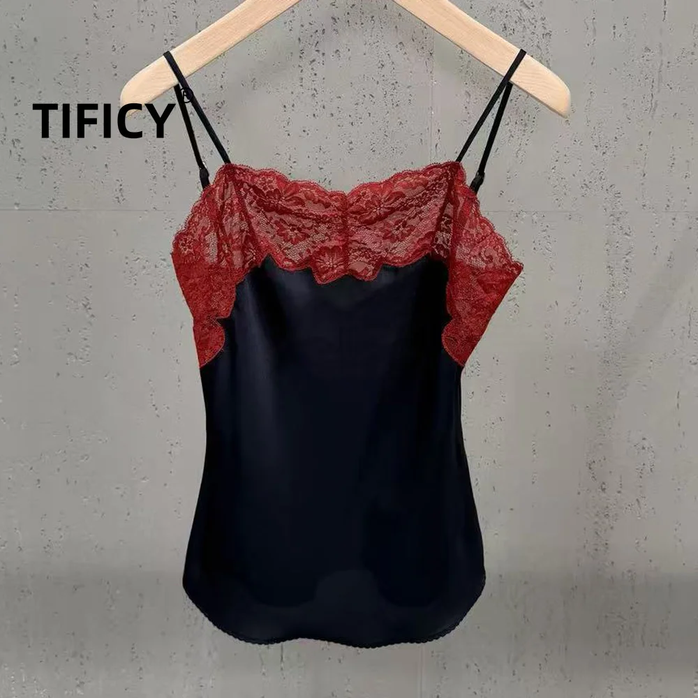 High Steet Tanks Women's Color Blocking Fashion Lace Patchwork Satin Suspender Versatile Sexy Temperament Tank Top