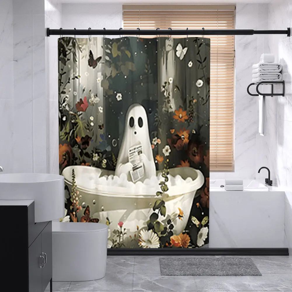 Conjunto de cortina de chuveiro fantasma de desenho animado, cortina de banheiro de halloween, tecido de poliéster, cortina de banheira com ganchos para decoração de banheiro