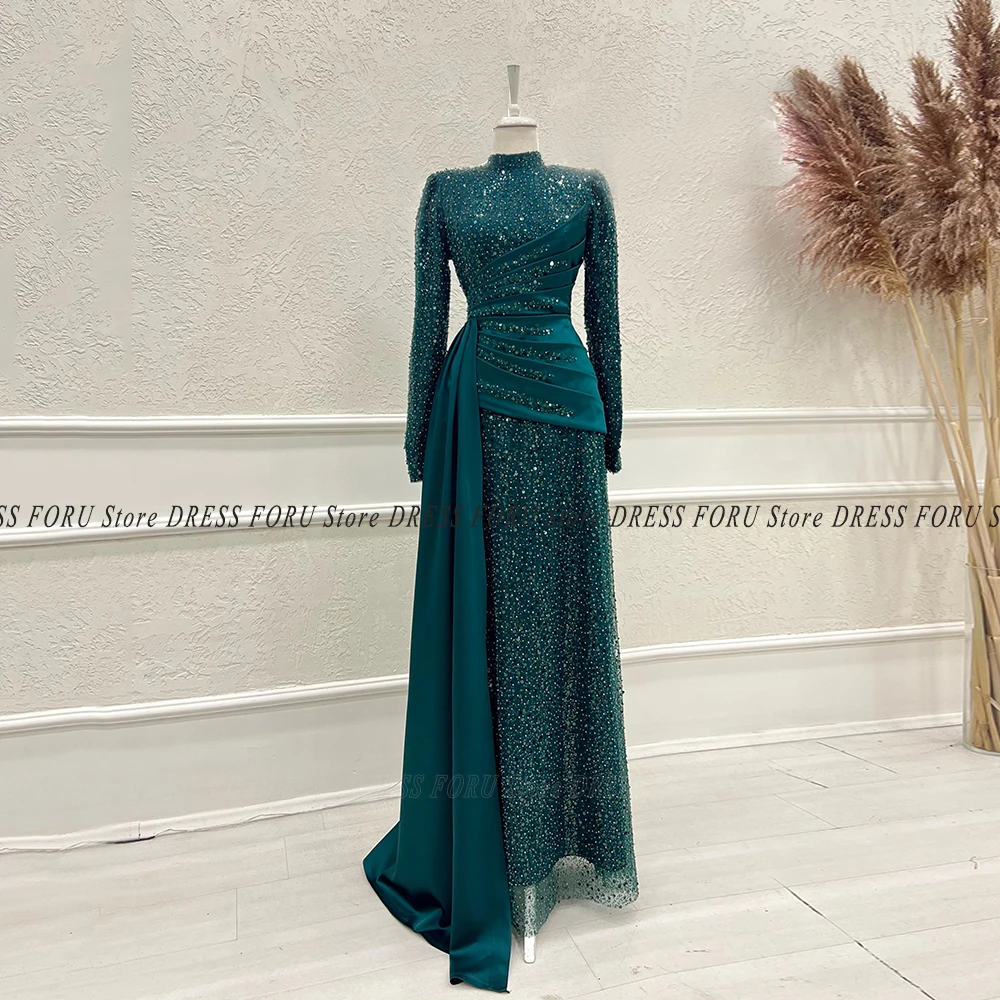 Sparkle Evening Dress Long Luxury For Woman Full Sleeve Muslim Wedding Party Floor Length Pleat High Neck Formal Pageant Fiesta