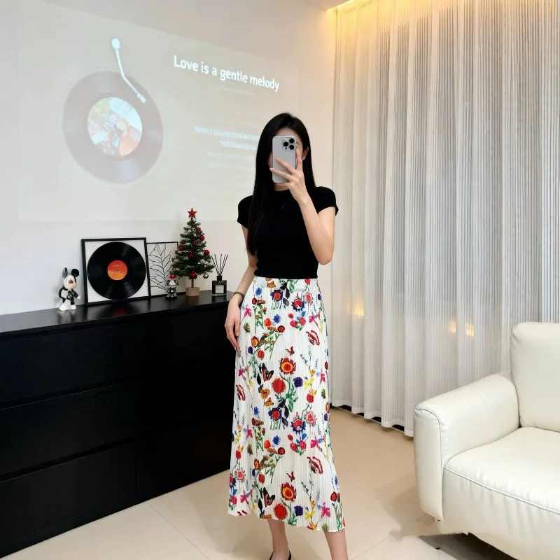 Miyake Pleated 2026 New Skirt Summer Original A-line Skirt Mid-length Design Pleated Niche High-waisted Casual Printed Skirt