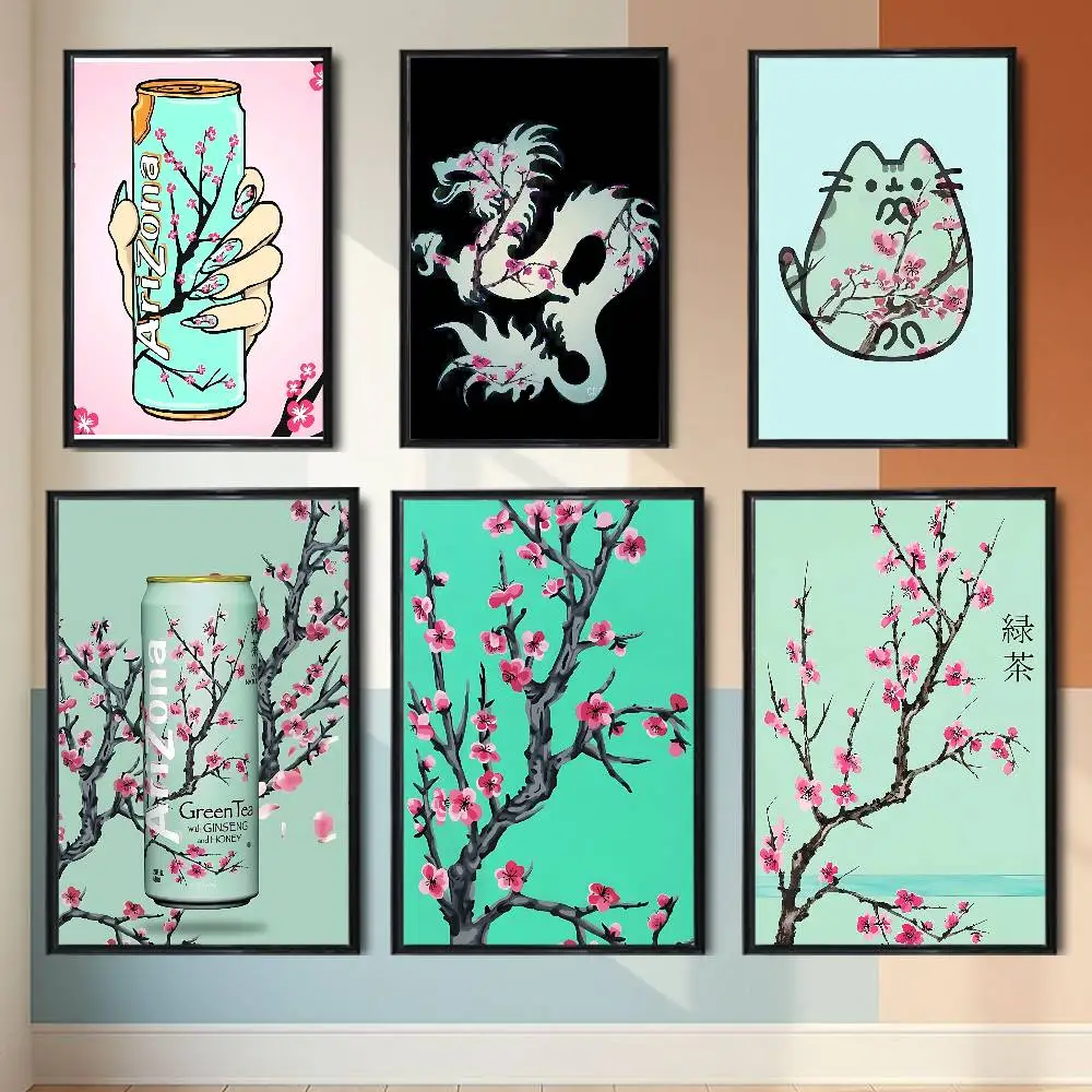 Cherry blossoms Mint Arizona Green Tea Poster HD Art Sticky Wall Waterproof Home Living Room Bedroom Bar Aesthetic Decoration