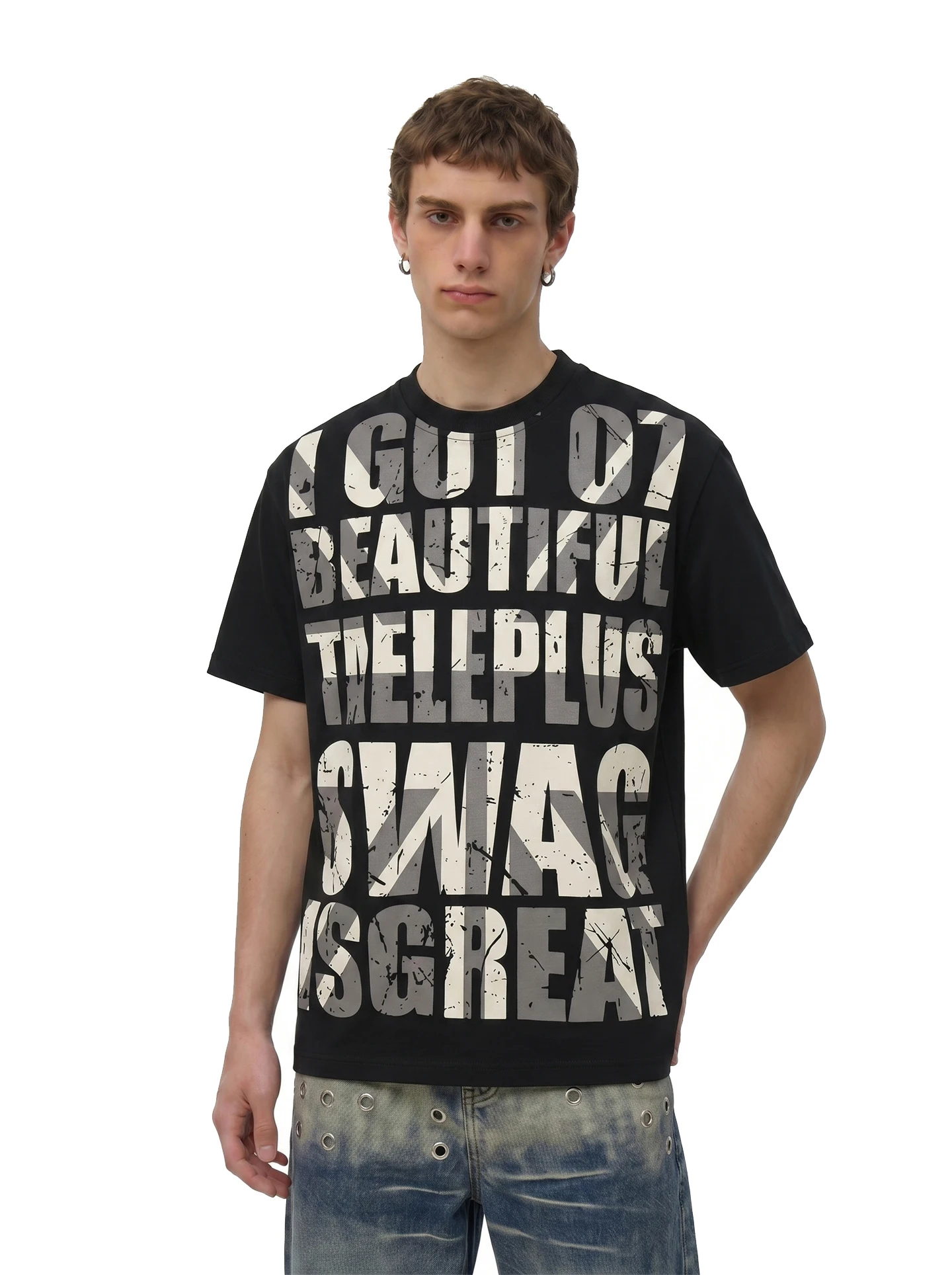 BETEBULE American Style Trendy Weathered Light And Shadow Letter Short Sleeve T-Shirt Men Summer New Loose Cool Versatile Top