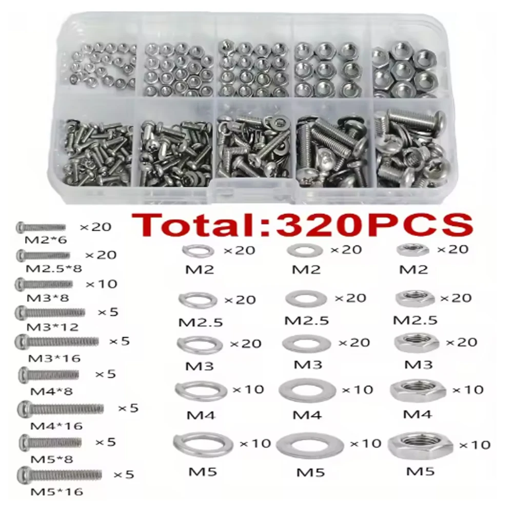 Hex Nuts and Bolt Set - 320 pieces, durable M2 M2.5 M3 M4 M5 metric size, universal hardware kit for DIY projects and repairs