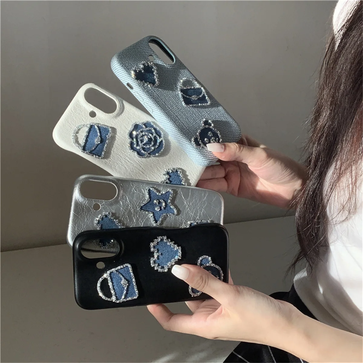 

Luxury Diamond Love Denim Phone Case For iPhone 16 Pro 15 14 13 Pro Max Cover Korean Cute Protective Cases For Apple 15Pro Funda