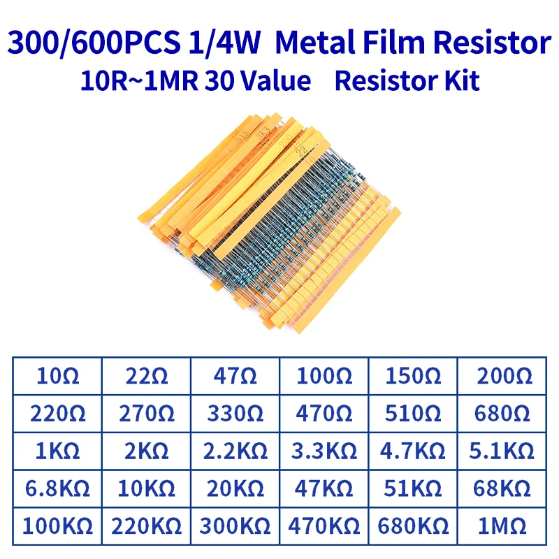 600pcs/set 30 Kinds 1/4W Resistance 1% Metal Film Resistor Pack Assorted Kit 1K 10K 100K 220ohm 1M Resistors 300pcs/set