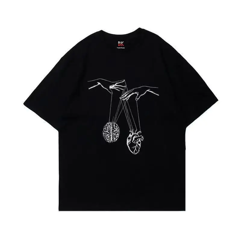 100 Pur Coton Mains Ouvertes Rue Américaine Lâche Camiseta Imprimé À Manches Courtes Pour Hommes Et Femmes Polyvalent Pur Coton